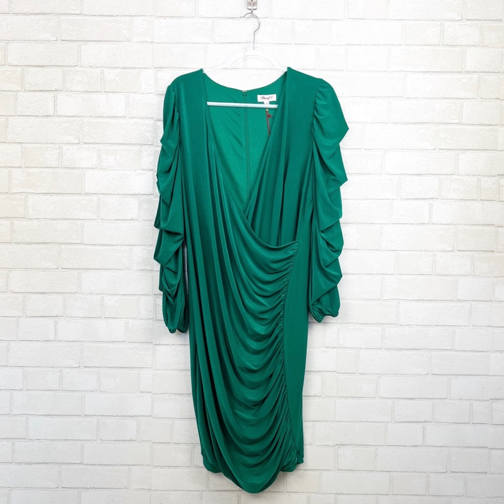 Monif C Gathered Sleeve Faux Wrap Bianca Green Dress Women's Size 1x NEW - Picture 1 of 9
